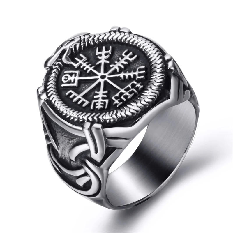 

Elfasio Viking Valknut Pirate Compass Norse Scandinavian Text Symbol Men Stainless Steel Ring Vintage Jewelry