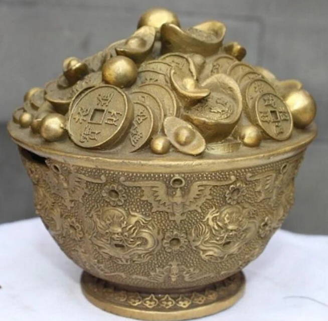 927+++ Китайский Фэншуй Медь YuanBao деньги Сокровище Чаша дракон копилка чаша
