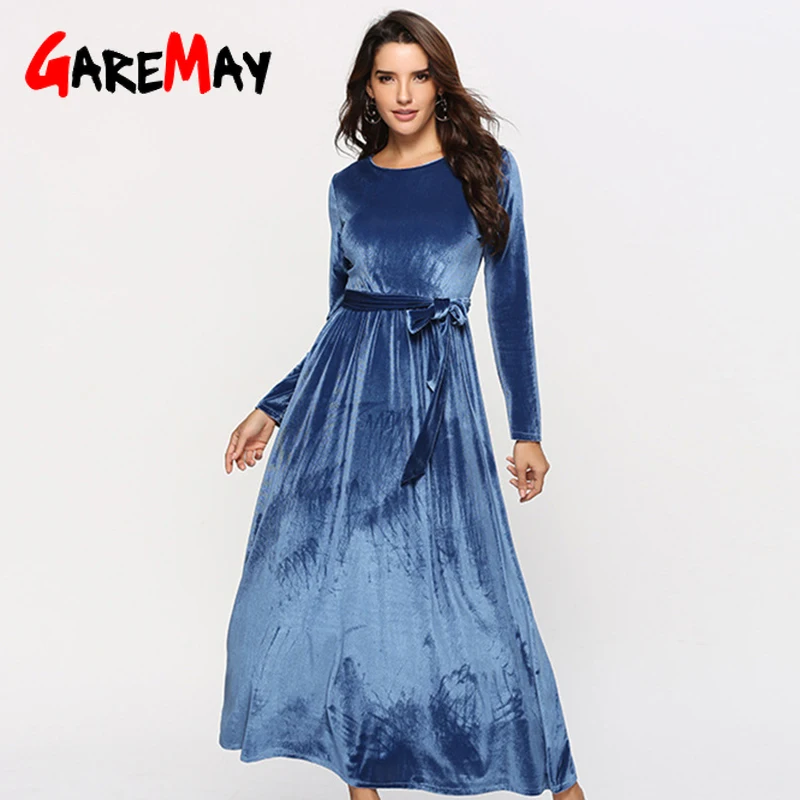 Garemay Jurk Fluwelen Vrouwen 2019 Winter Maxi Lange Mouw Elegante Dames Party Avondjurk Vestidos Blauw Lange Fluwelen Jurken