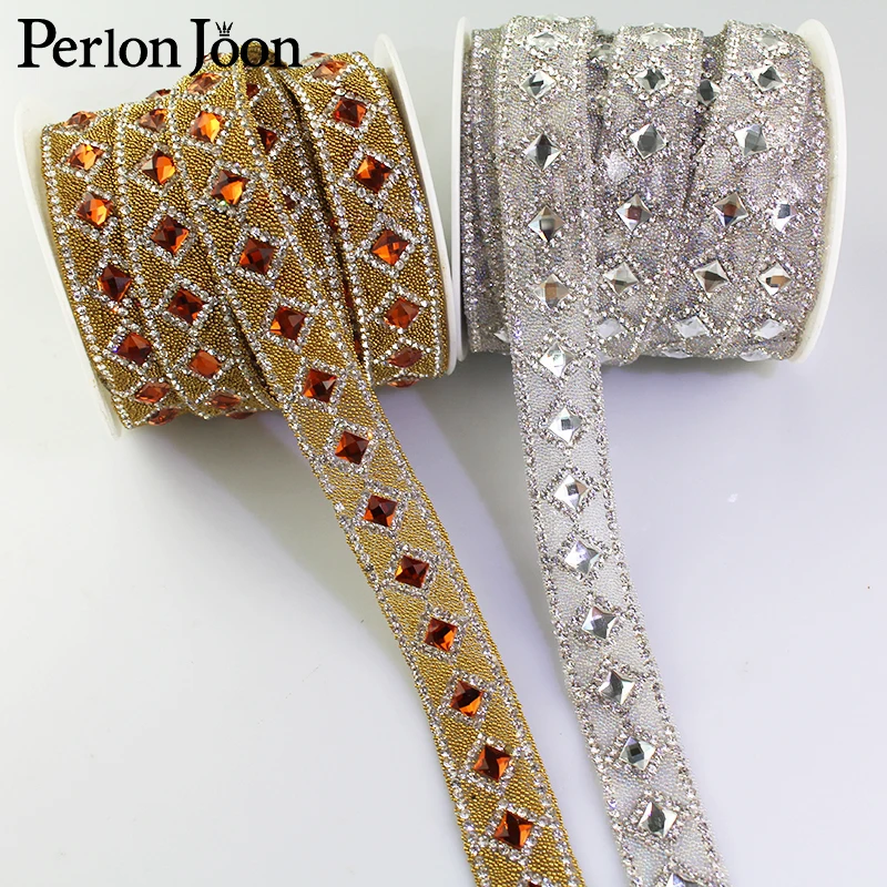 1 yard Gold silver retro rhinestone hot fix tape ribbon crystal rhinestone decoration iron on shoes clothing accessories TR024