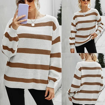 

Women'S Fashion Round Neck Stitching Striped Sweater Long Sleeve Sweater