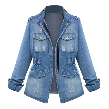 

Women Casual Denim Jeans Jackets Cardigan Zipper Casaco Feminino Coat Pockets Top Streetwear Slim Elastic Waist Jeans Jacket