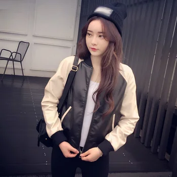 

Faux Leather Jacket Women Korean Casual Loose Personality Ladies Motorcycle Thin Short Jacket Long Sleeve Short Coat Patchwork