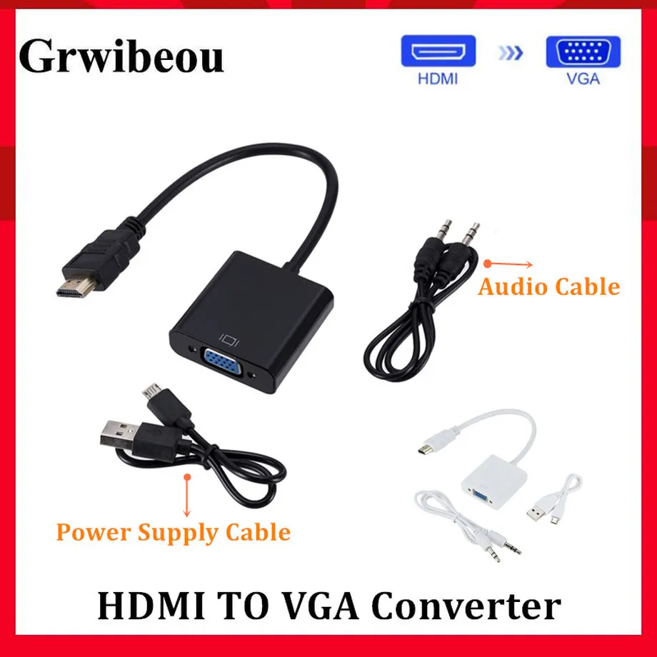 Grwibeou HDMI to VGA Adapter Male To Famale Converter 1080P Digital to Analog Video Audio For