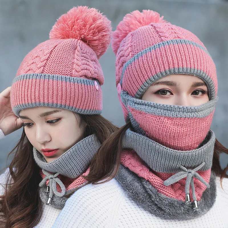 Новинка, 3 шт., повязка на голову, маска Skullies с помпоном, мягкие вязаные крючком шапочки, шапка для женщин, зимняя теплая шерстяная вязаная шапка, шапки для женщин
