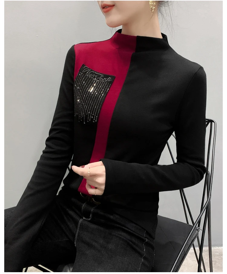 Корейская тонкая рубашка с длинным рукавом для женщин Blusas Mujer De Moda Модные топы для офисных леди, повседневные топы с круглым вырезом и стразами 7840 50