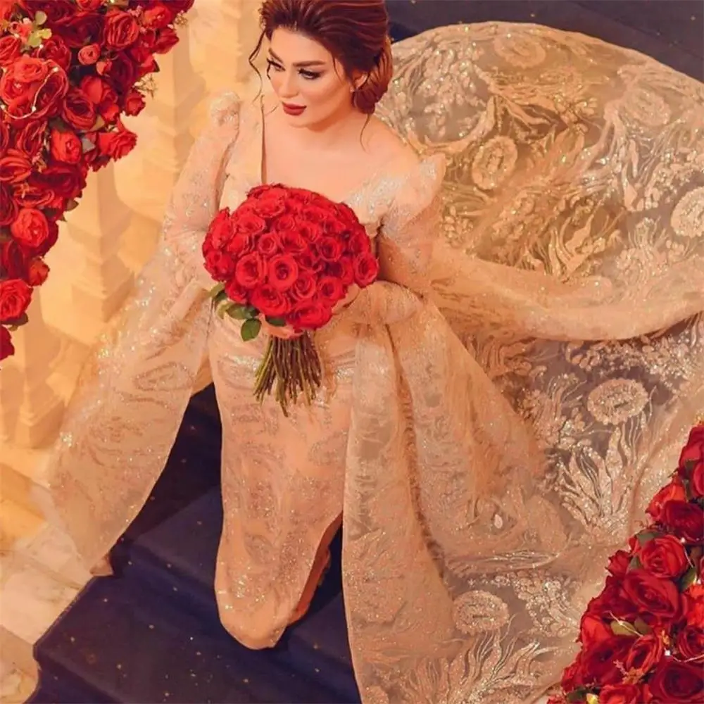 Best Price Saudi Arabische Champagne Mermaid Trouwjurken Met Afneembare Trein Lange Mouwen V-hals Kant Lovertjes Bruidsjurken Gewaden De Mar