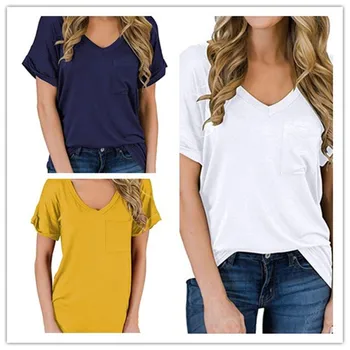 

24 Colors Summer Women T-shirt 2020 Casual Pocket Short Sleeve V-neck White T-shirt Plus Size Ladies Street Black Tops Blue Gray