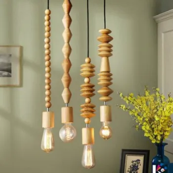 

Retro style pendant lights Oak wooden geometric beads pendant lamp dinning room droplight hanging Light Fixture WJ429