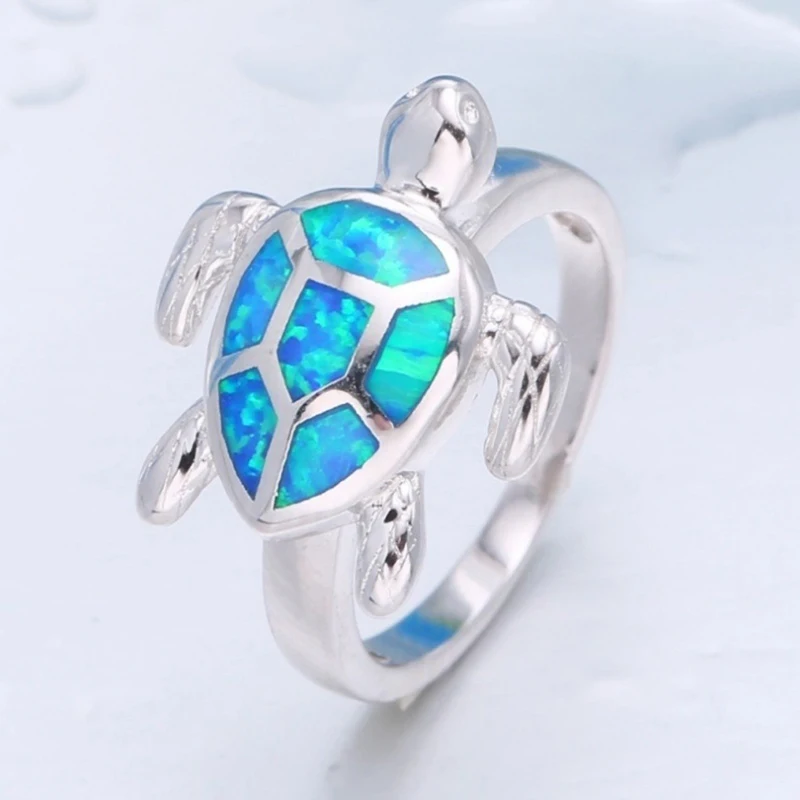Милое кольцо с голубым огненным опалом в виде черепахи для женщин, аксессуары, модные ювелирные изделия, Женское кольцо для свадебной вечеринки, подарок для девочки - Цвет основного камня: Серебристый
