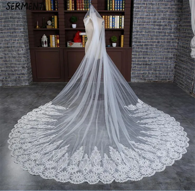 SERMENT Wedding Long Veil Cathedral Veil Two-Layer Plain Dyed 300cm Cut Edge Lace Double-layer Wedding Accessories