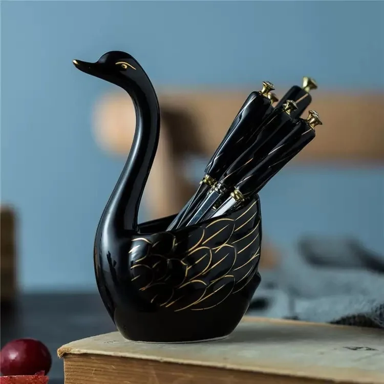 Black - 6 Spoons Керамический лебедь вилка держатель-подставка для ложки фрукты кухонные вилки набор столовых приборов вилка для торта, Десертная Вилка для закуски набор посуды - Цвет: Black - 6 Spoons