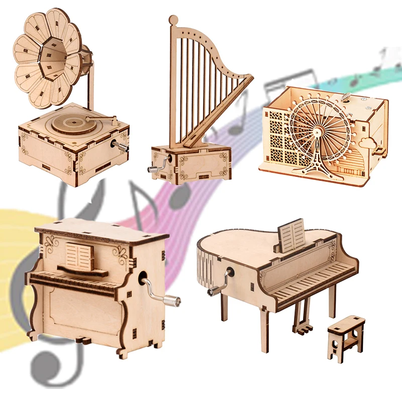 Rompecabezas 3D de caja de música de mano de madera, fonógrafo, Piano, arpa, juguete para regalo para niños y adultos