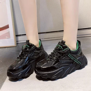 

2020 Spring New Women Thick Sole Chunky Sneakers Casual Dad Shoes Patent Leather Platform White Sneakers