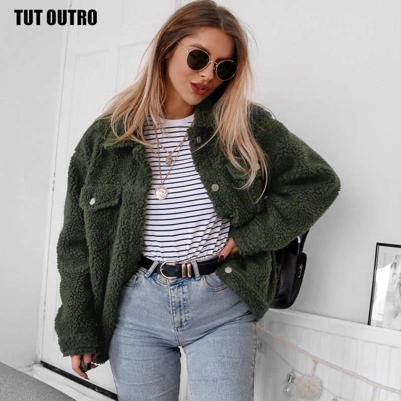 

Solid Khaki Oversized Buttons Jackets Women Winter Fashion Warm Teddy Coats Autumn Outerwear Female Green Overcoats