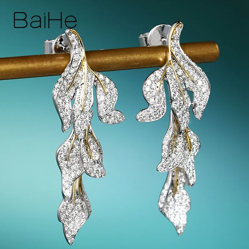 BAIHE, 14 к, белое+ желтое золото, 0.54ct H/SI, натуральные бриллианты, свадебные трендовые ювелирные изделия, красивый дизайн в виде листьев, серьги-гвоздики