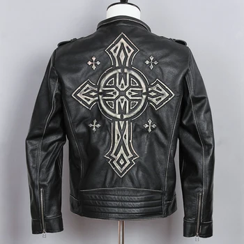 

2020 Fashion Vintage Slim Fit Genuine Men with Cross Black Motorcycle Jacket Punk style Biker Leather Coat Male