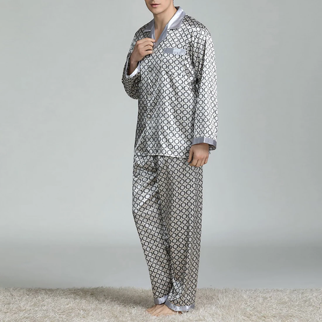 Mens Stain Silk Pajama Sets Pajamas Men Sleepwear Modern Style Printed Silk Nightgown Home Male Satin Soft Cozy Sleeping Pajamas mens cotton pajama bottoms