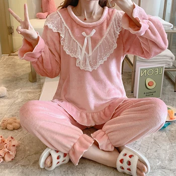 

Winter Women Warm Casual Nightdress Sleepwear Pijama Mujer Flannel full-sleeve Pajamas Set Ladies Homewear Pyjamas Women Clothes