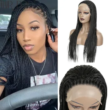 

30" Long Braided Box Braids Synthetic Lace Front Wig Heat Resistant Fiber Hair Glueless Lace Wigs For Black Women With Baby Hair