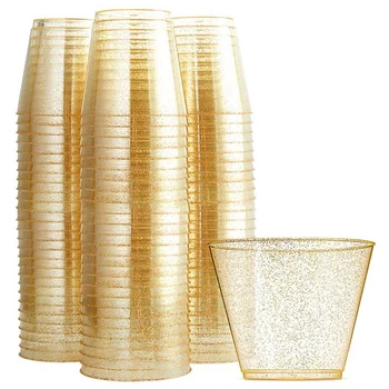 

100 Glitter Plastic Cups 10 Oz Clear Plastic Cups Tumblers Gold Glitter Cups Disposable Wedding Cups Elegant Party Cups Recyclab