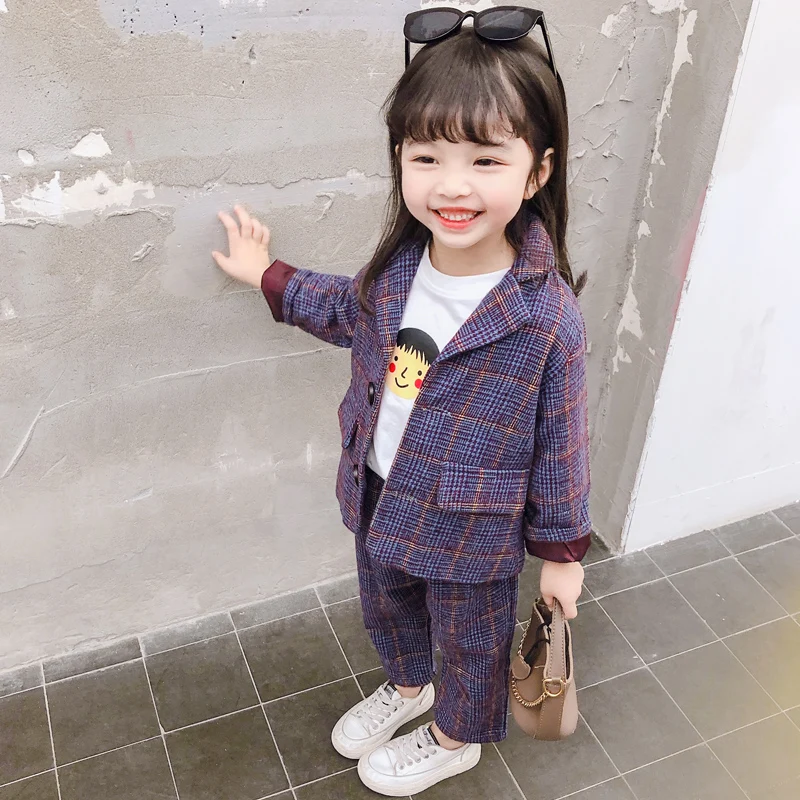 Ins Hot Baby Girls Clothes Sets 0-5 Years Old Children's Clothing Cotton Houndstooth Plaid Suit 2-piece Suit Spring And Autumn - Цвет: violet