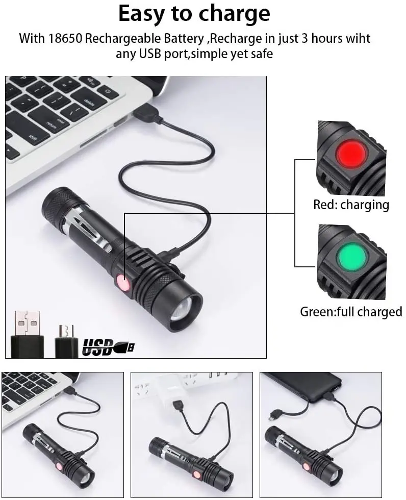 Pocketman latarka LED ładowalna latarka USB latarka rowerowa na świeżym powietrzu tarkawodoodpornal latarka z regulacją wiązki światła