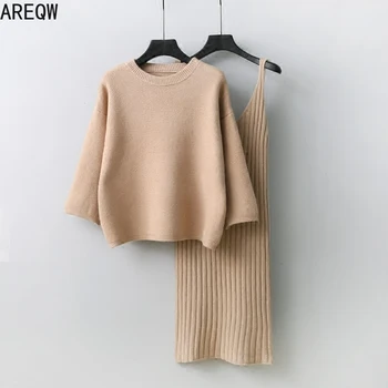 

Women Set Loose Knitted Sweater And Sling V-neck Dresses 2 Piece Set Women Casual Chic Warm 2 Set Outfits For Women