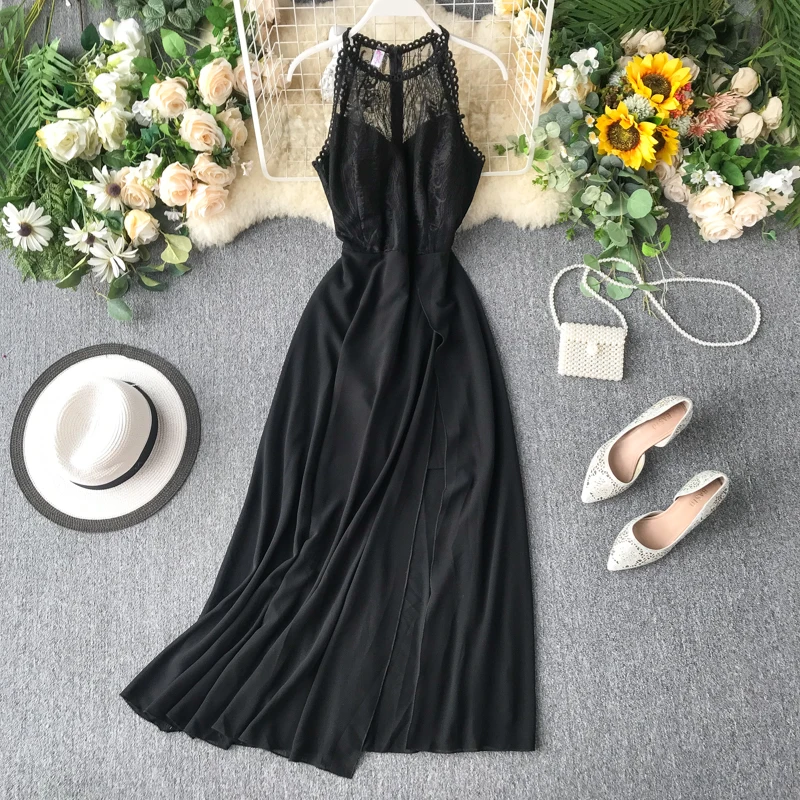 2020 Sexy Halter Neck Lace Patchwork Maxi Long Dress Elegant Summer Party Women Tank Sundress Sexy Split Casual Evening Vestidos