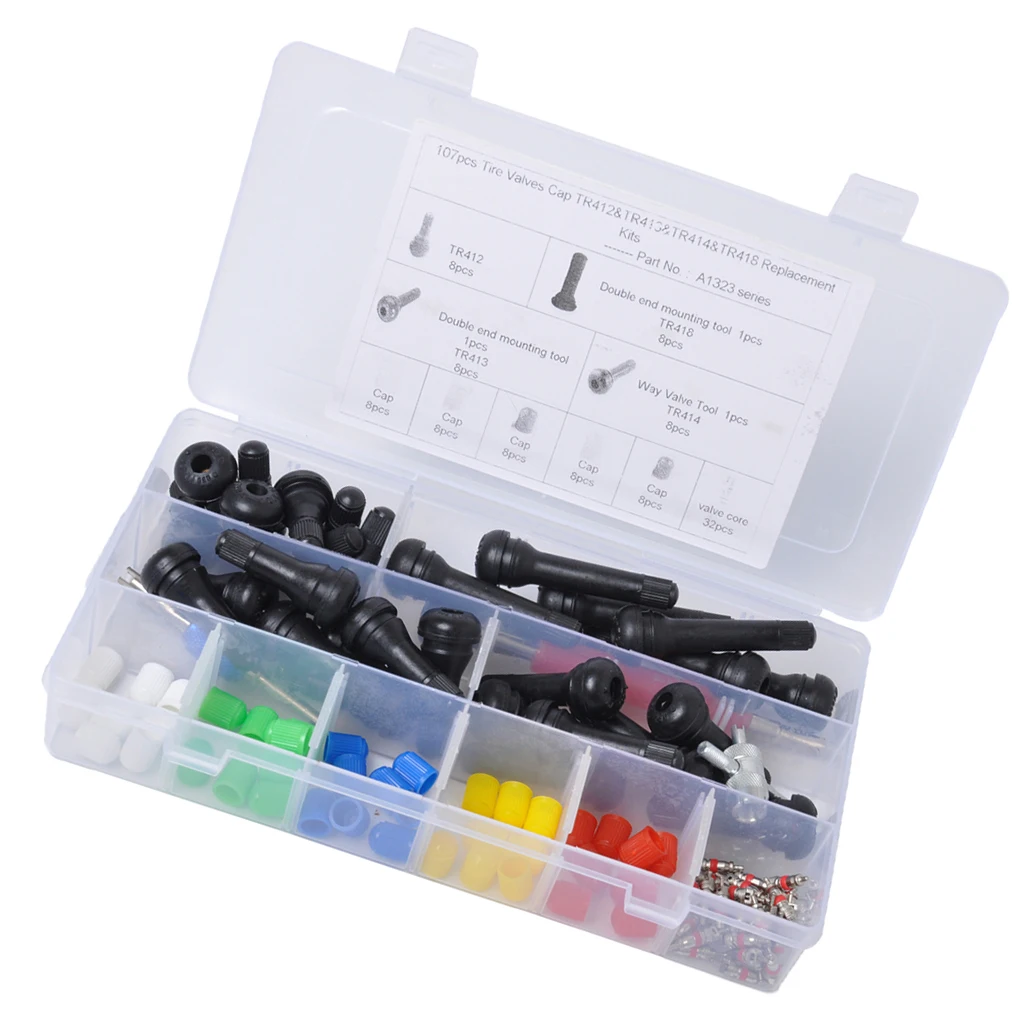 107pcs Auto TR412 TR413 TR414 TR418 Replacement Tire Valve Core Kit Tire Valve Repair Tool Set