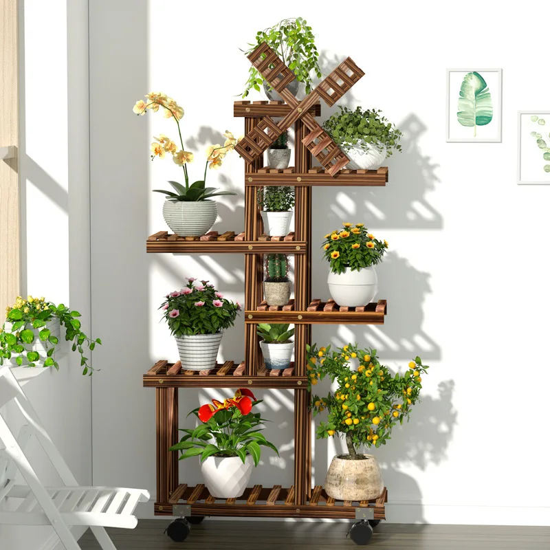 Wooden Flower Stand Plant Wood Indoor Balcony Pots Multi-layer Household Shelf Garden Decorative