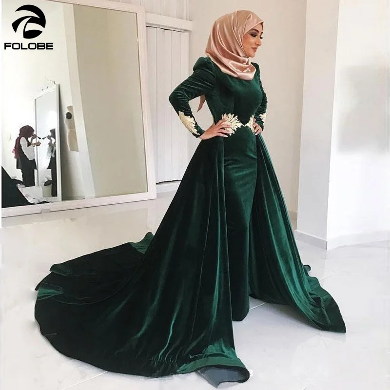 Emerald Green Velvet Muslim evening Dresses High Neck Lace Plus Size Kaftan  Dubai Evening Gowns Long Sleeves Overskirt|Evening Dresses| - AliExpress