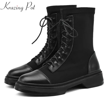 

krazing pot 2021 genuine leather med heels winter large size round toe lace up leisure women patch work stretch ankle boots L0f5