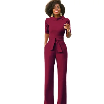 

Women office long pant wide leg jumpsuit women romper elegant autumn tunic party belted green blue red white Female overalls hot