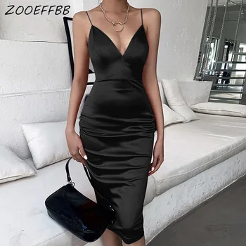 

ZKYZWX Sexy Satin Bodycon Dresses Women New Summer Clothes Tight Vestidos Robe Spagetti Strap Backless Night Club Party Dress