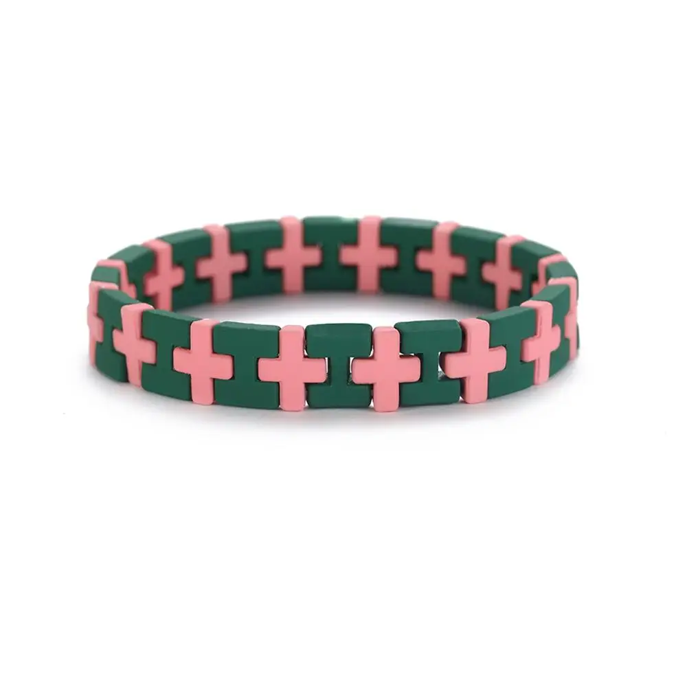 Green and Pink Teamer, модный Многоцветный эластичный браслет из эмалевого сплава для женщин, Femme, Штабелируемый, тянущийся крест, ручной работы, браслет, ювелирное изделие - Окраска металла: Green and Pink