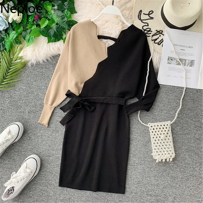 

Neploe Autumn Sexy Open Back Cross Bow Wool Dress V Neck Skinny Hip Vestido Fashion Patchwork Bat Empire Knit Dresses 45819