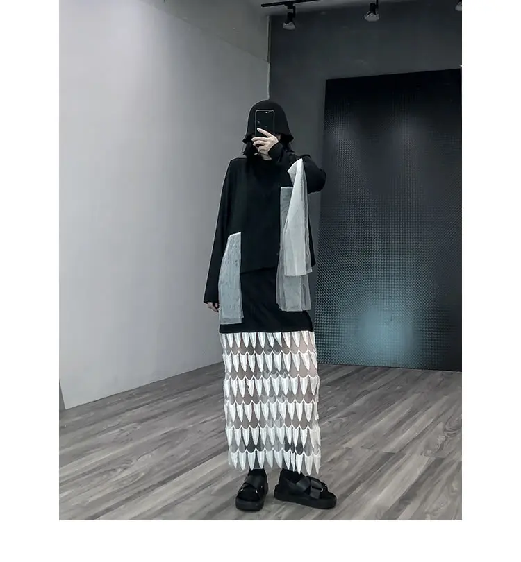 HG шифон сшивание перо кружева юбки для женщин s Harajuku юбка Slim Fit перспектива мода осень женская одежда Новинка XJ1947