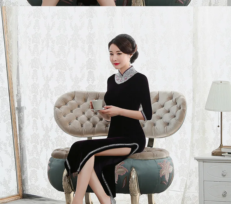 Стиль ретро бархатный cheongsam с бисером для ногтей шоу платье cheongsam элегантное женское платье китайские женщины