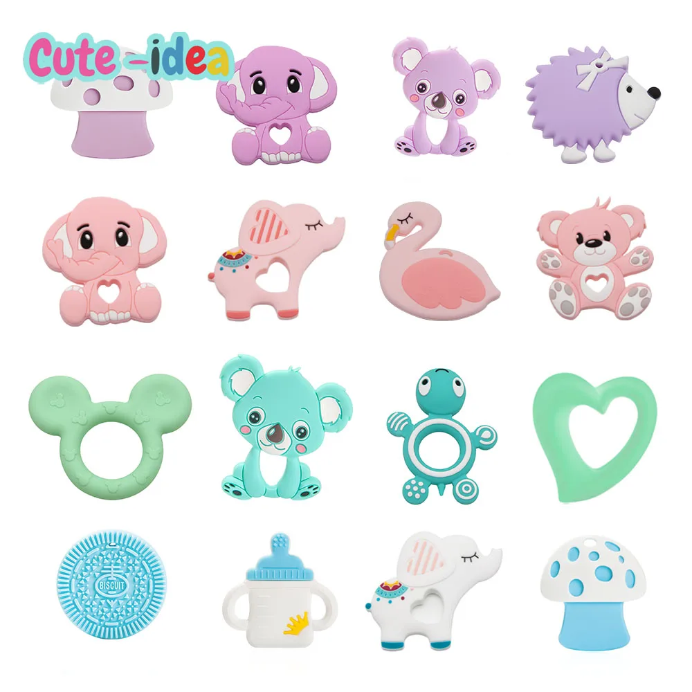 

Cute-Idea 2Pcs Silicone Cartoon Animal Teether Pacifier Chain clip Food Grade teething Chewable Nursing Pendant BPA Free Toy