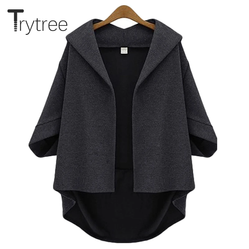 price cut  Trytree 2019 Autumn Winter Women Coat Casual Solid Blends Turn-down Collar Batwing Sleeve Open Stit