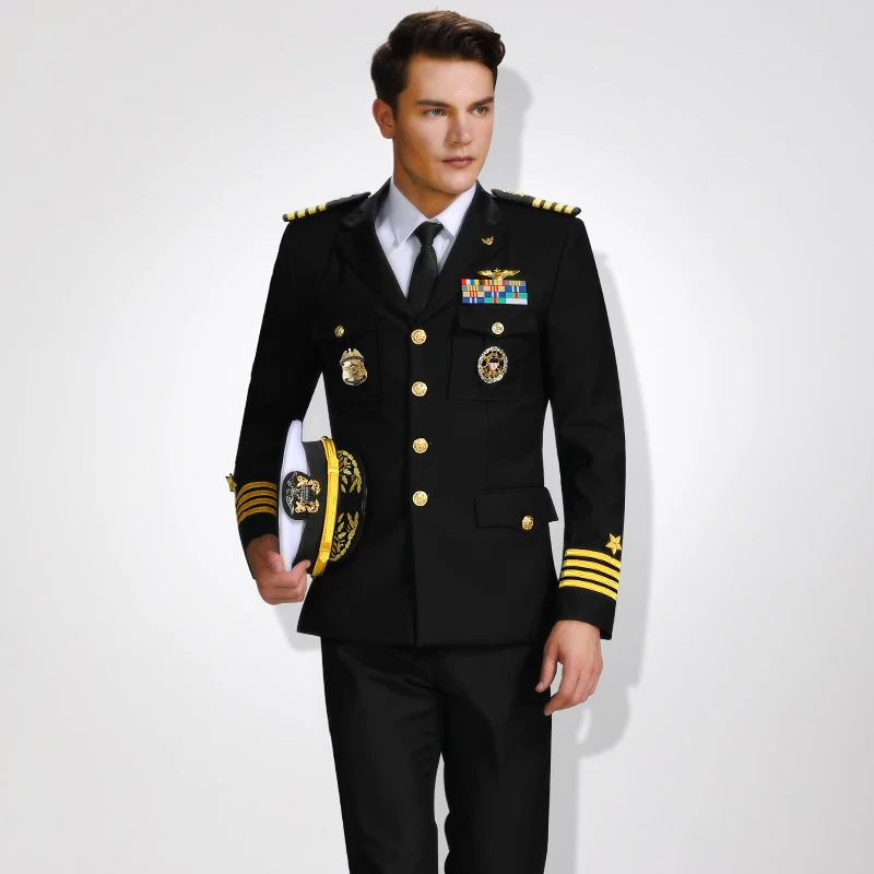 High Quality Admiral Military Uniform Male Navy Captain Uniform Suits Single-Breasted Suit Sets With Badges Security Workwear