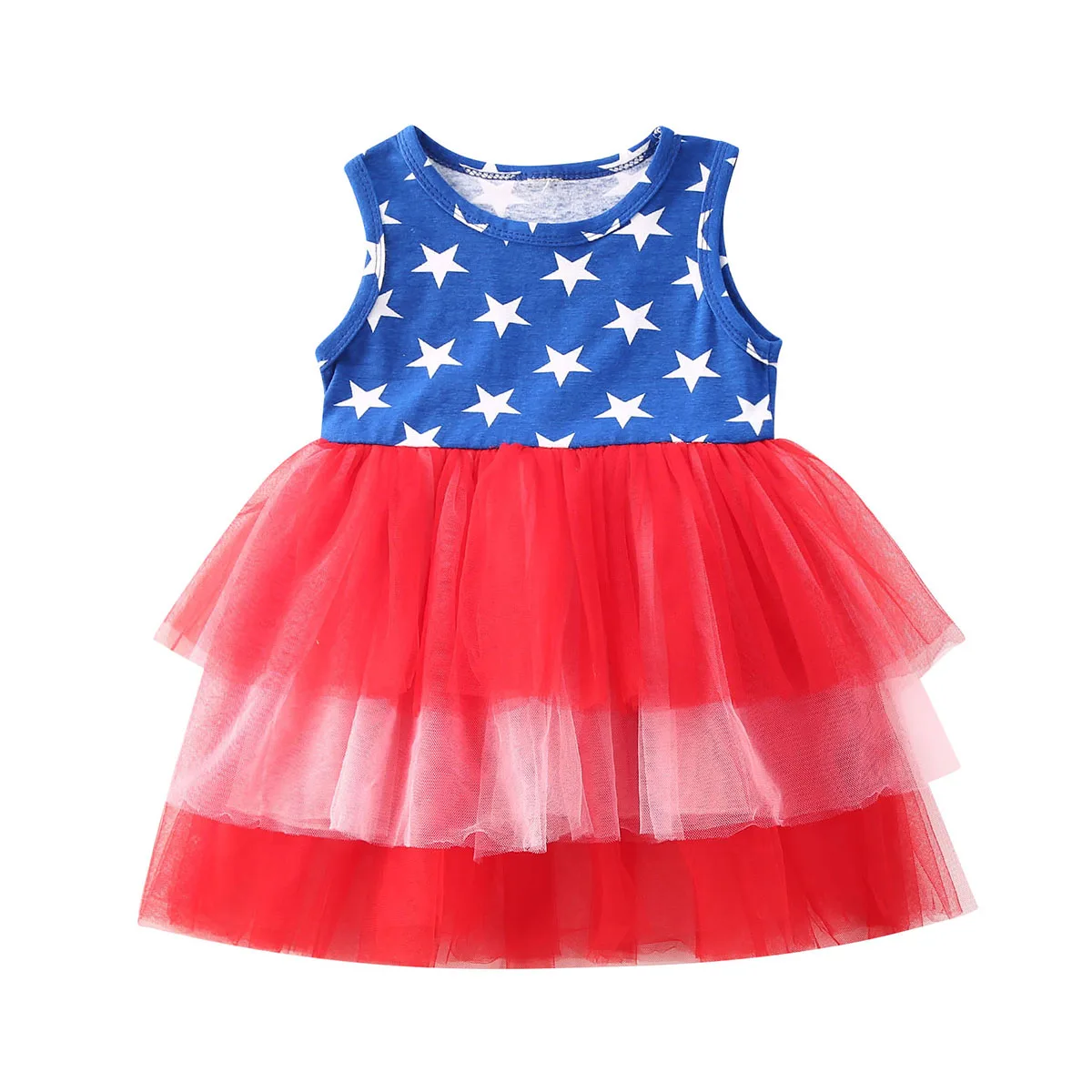 6M-4Y Toddler Infant Kids Baby Girl Dress 4th of July Sleeveless Layers Mesh Tulle Independence Day Clothes Outfits | Детская одежда и