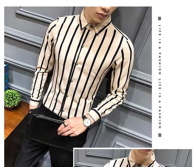 Korean Streetwear Fashion Men's Casual Shirt Slim Fit Men's Casual Striped Shirt Long Sleeve Party Social Shirts Men Male Camisa