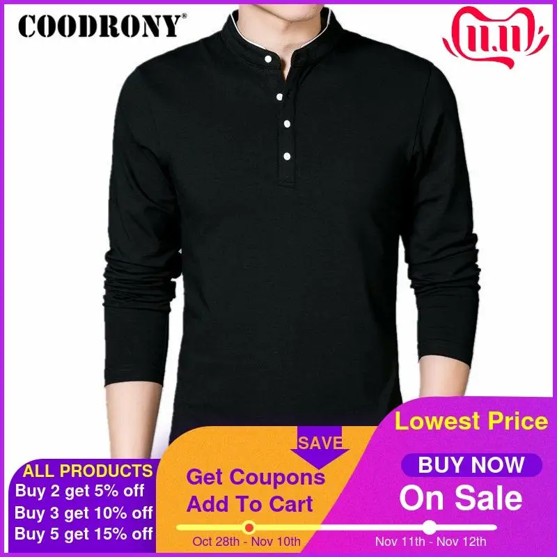 

COODRONY T-Shirt Men 2017 Spring Autumn New 100% Cotton T Shirt Men Solid Color Tshirt Mandarin Collar Long Sleeve Top Tees 7608