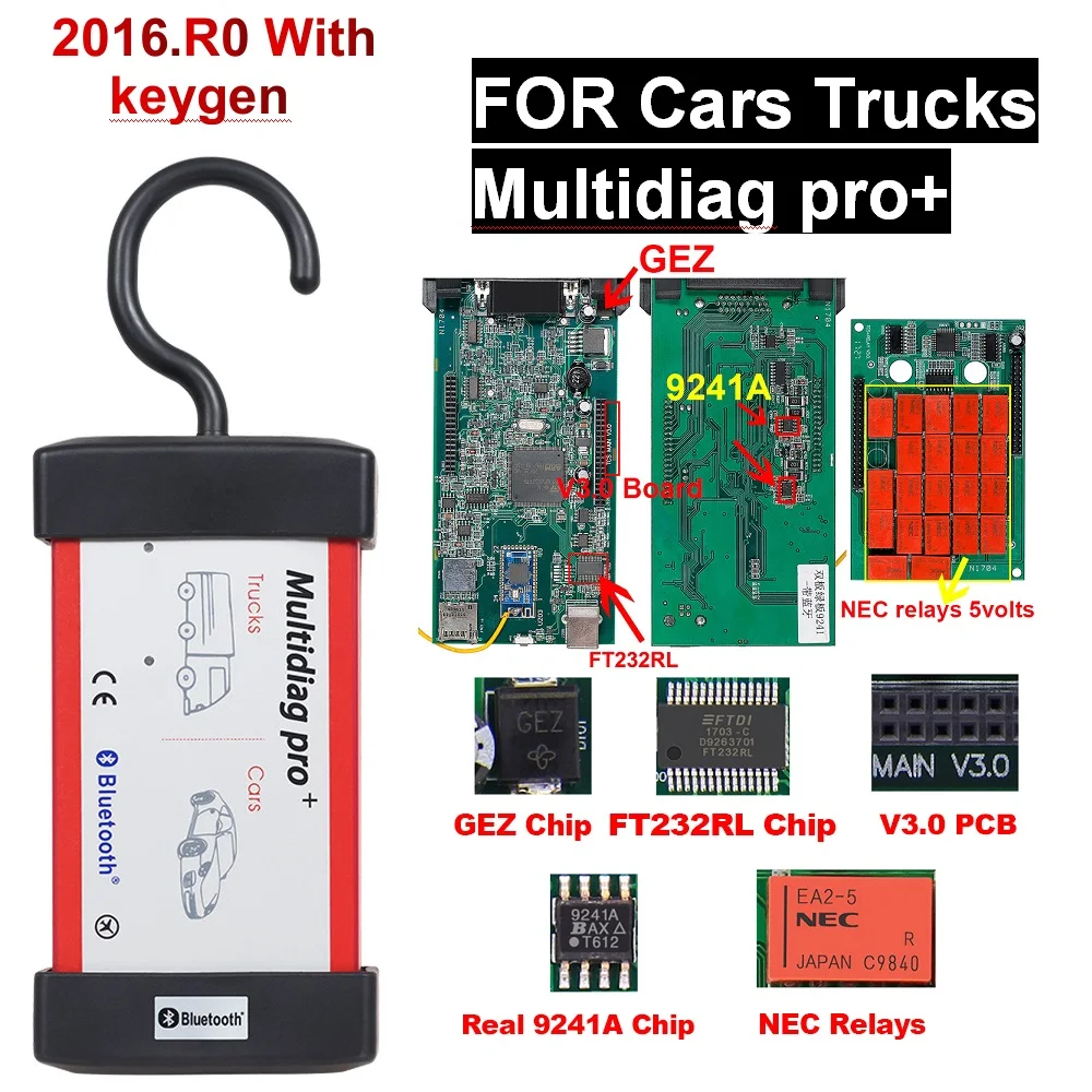 Multidiag Pro+ Obd2 детектор для диагностики неисправностей автомобиля грузовика Tcs bluetooth R0 Keygen VCI TCS автоматический сканер с красным реле NEC