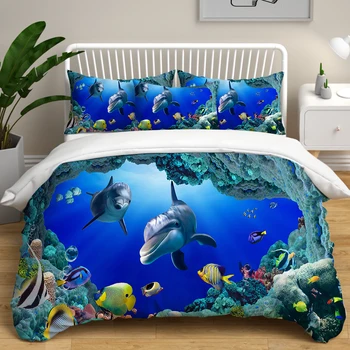 

Shark DYI Printed Duvet Cover set Child Room Bedding Blue Submarine Shark Pattern Pillowcase Double Comforter Bedding sets