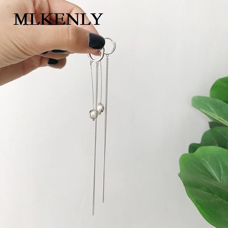 

MLKENLY 925 Sterling Silver Drop Earrings Stylish temperament design long side chain pearl earrings For Women Gift