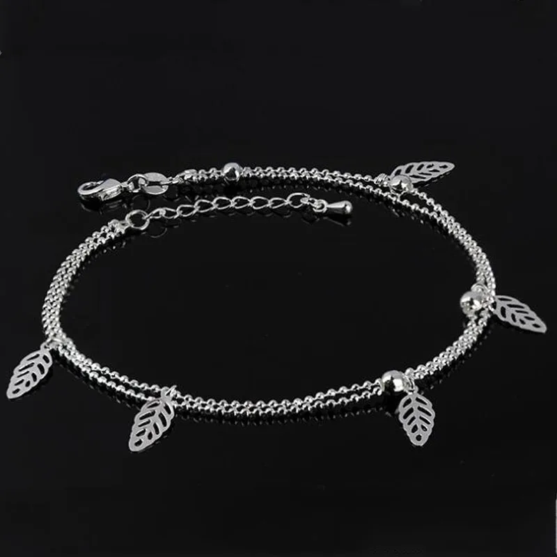 

New 925 Double Silver Anklet Is Fashionable and Lovely Leaf Anklet, Which Is Specially Designed for Women's Jewelry Gifts J015
