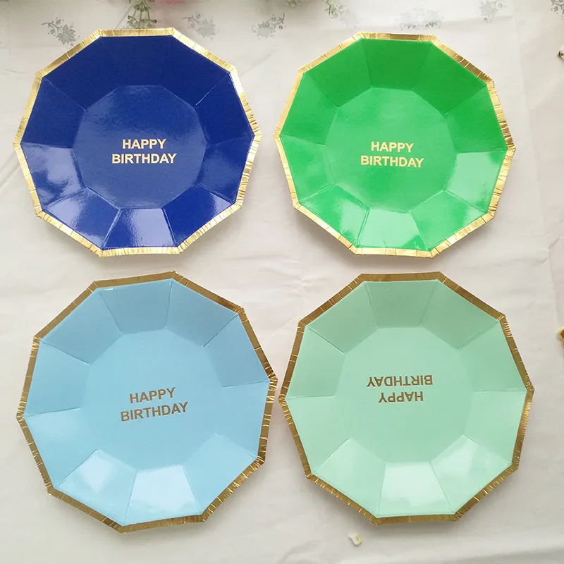 8pcs Happy Birthday 9inch & 7inch Hexagon Paper Plates Colorful with Foil Gold Design For Baby Shower Party Boutique Tableware | Дом и сад